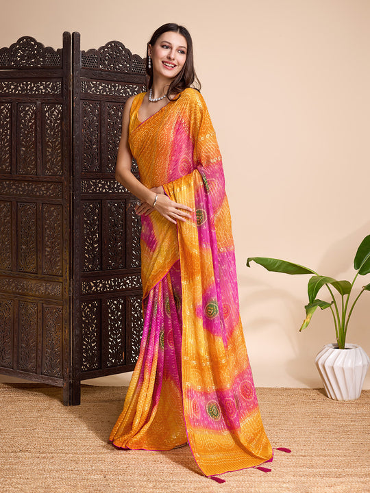Yellow Weightless Poly Chiffon Saree With Blouse Piece