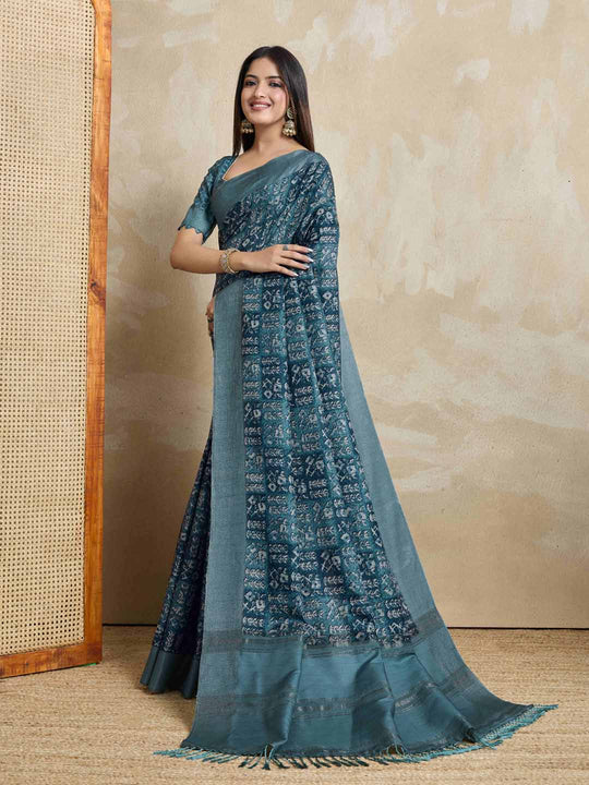 Blue Pure Handloom Tussar Woven Pallu Ajrakh Printed With Blouse Piece