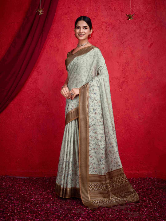 Green Pure Tussar Viscose Border Paisley Digital Printed  With Blouse Piece