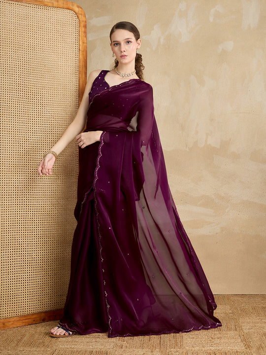 Embellished Mirror Work Organza Saree With Blouse Piece