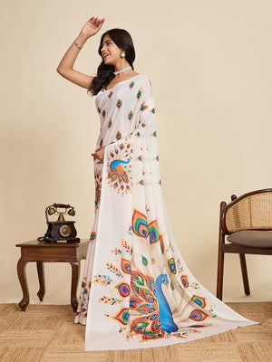 Soft Cream Chinon Saree All Over Single Colour Printed Saree With Blouse Piece