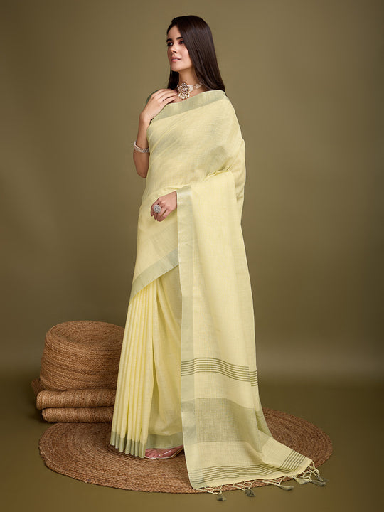 Yellow Linen Blend Daily Wear Saree With Blouse Piece
