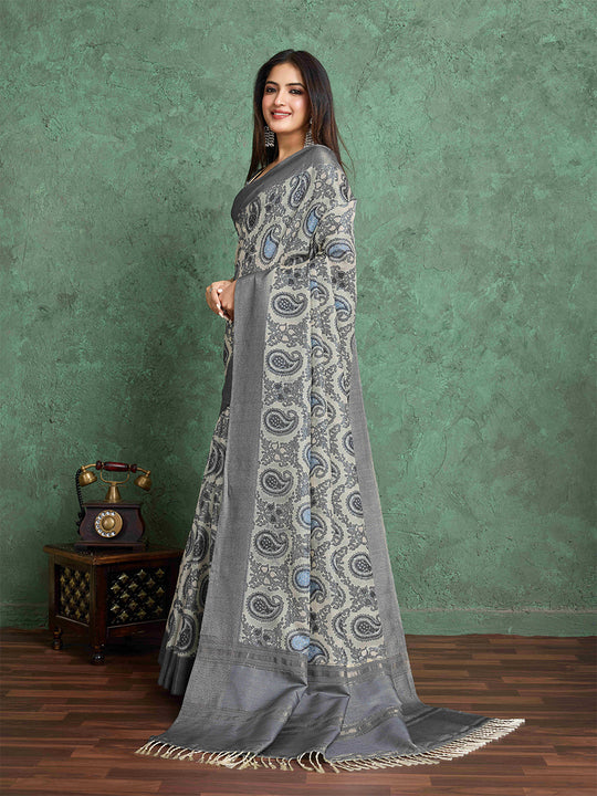 Offwhite Pure Handloom Tussar Woven Pallu Ajrakh Printed With Blouse Piece