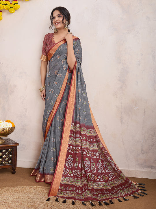 Grey Poly Crepe Festive Wear Saree With Blouse Piece