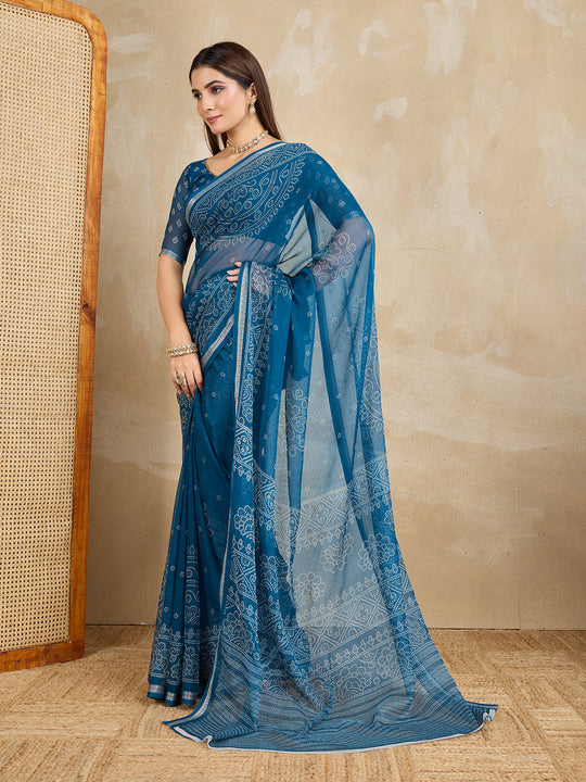 Pure Chiffon Bandhani Printed Saree With Viscose Woven Border And Blouse Piece