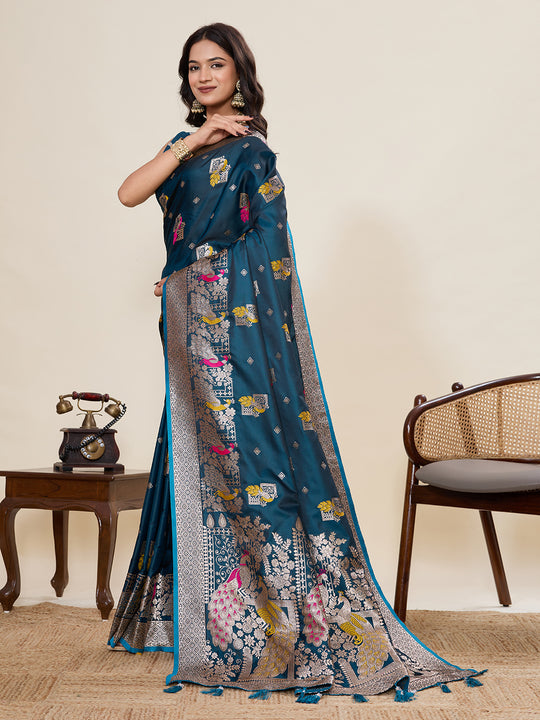 Teal Blue Soft Silk Sarees Premium Two Tone Satin Fabric With Unique Pathani Type Designs Saree With Blouse Piece