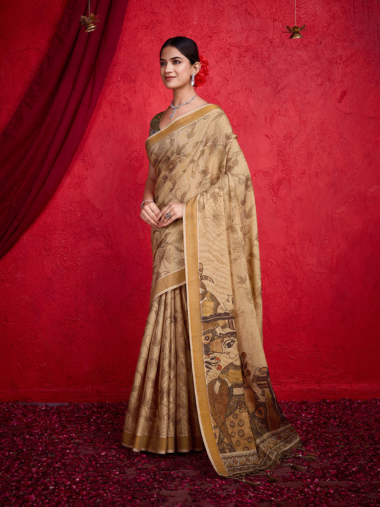 Beige Poly Silk Festival Saree With Blouse Piece