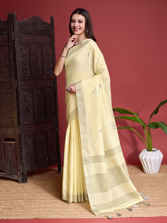 Yellow Linen Blend Saree With Blouse Piece