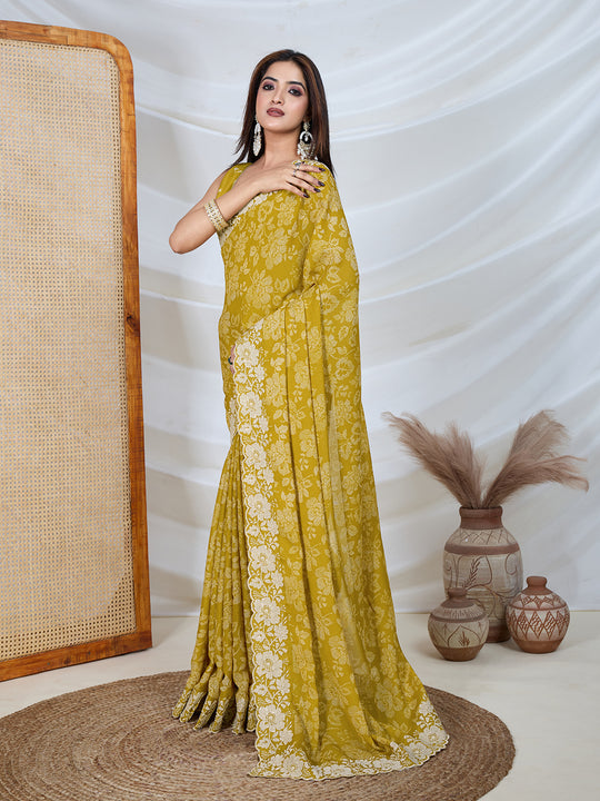 Poly Georgette Geometric Print Saree With Embroidery And Scaloping Work With Unstitched Blouse Piece