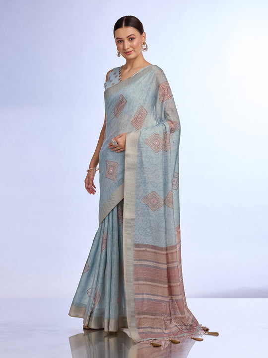 Turquoise Blue Tissue Saree With Blouse Piece
