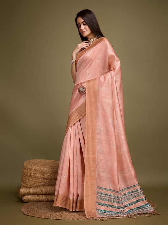 Orange Silk Blend Saree With Blouse Piece