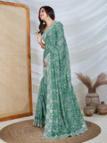 Poly Georgette Geometric Print Saree With Embroidery And Scaloping Work With Unstitched Blouse Piece