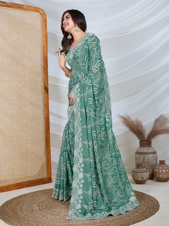 Poly Georgette Geometric Print Saree With Embroidery And Scaloping Work With Unstitched Blouse Piece