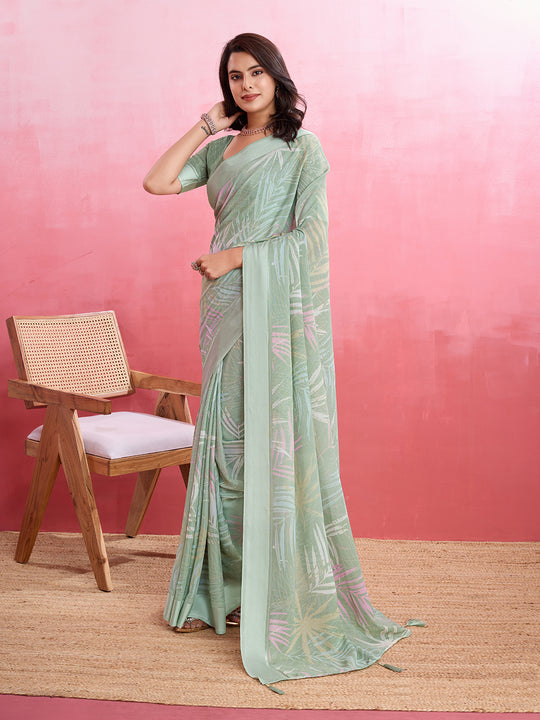 Light Green Silk Georgette Festive Wear Saree With Blouse Piece