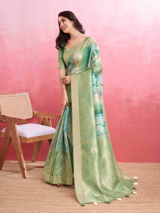 Turquoise Green Cotton Banarasi Woven Rich Pallu Printed Saree With Blouse Piece