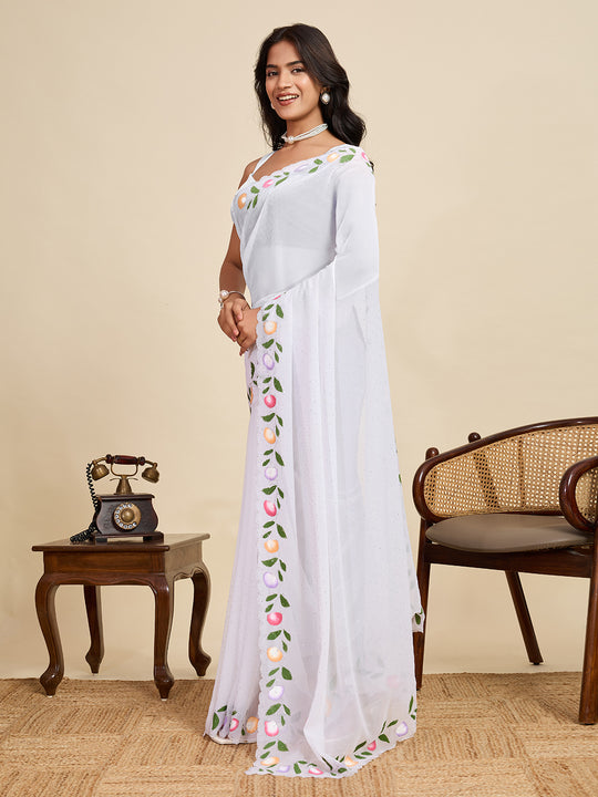 White Georgette Soft Silk Saree With Blouse Piece