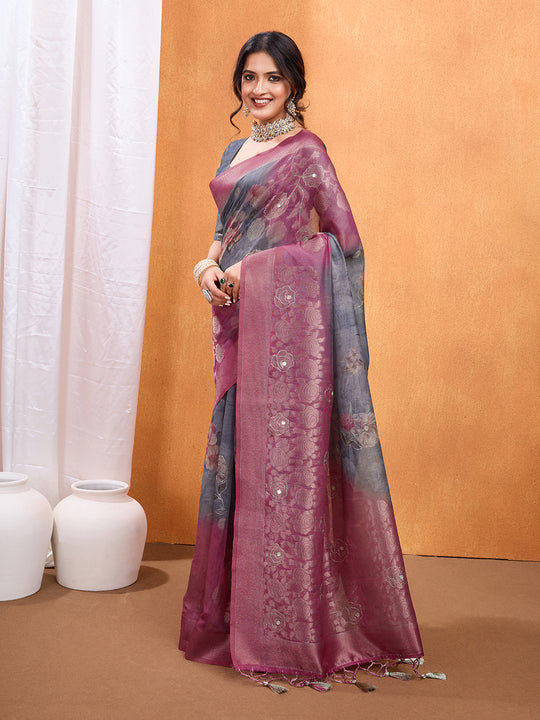 Grey Cotton Blend Saree With Blouse Piece