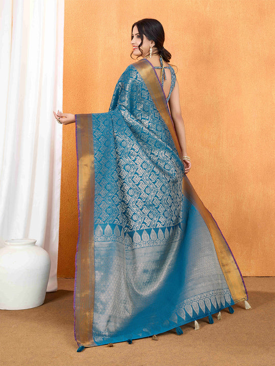 Indigo Blue Ikkat Woven Kajeevaram Silk Rich Pallu With Blouse Piece