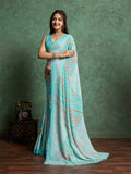 Poly Chiffon Leheriya Printed Saree With A Floral Touch And Swaroski Work With Scalloping