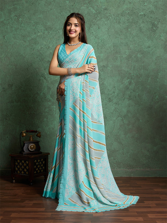 Poly Chiffon Leheriya Printed Saree With A Floral Touch And Swaroski Work With Scalloping