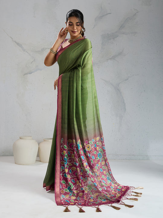 Pure Chiffon Digital Printed Woven Saree With Woven Border And Fancy Tassels