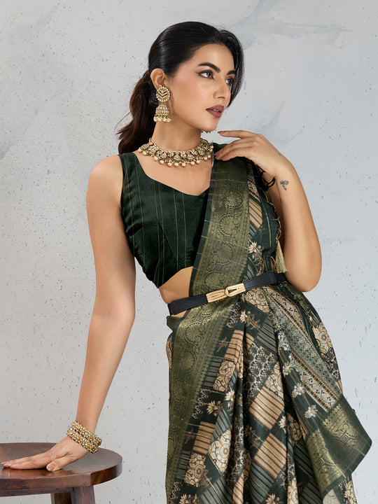 Poly Silk Woven Floral Digital Printed Saree With Woven Jacquard Border And Fancy Tassels