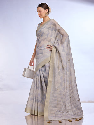Grey Tissue Linen Blend Saree With Blouse Piece