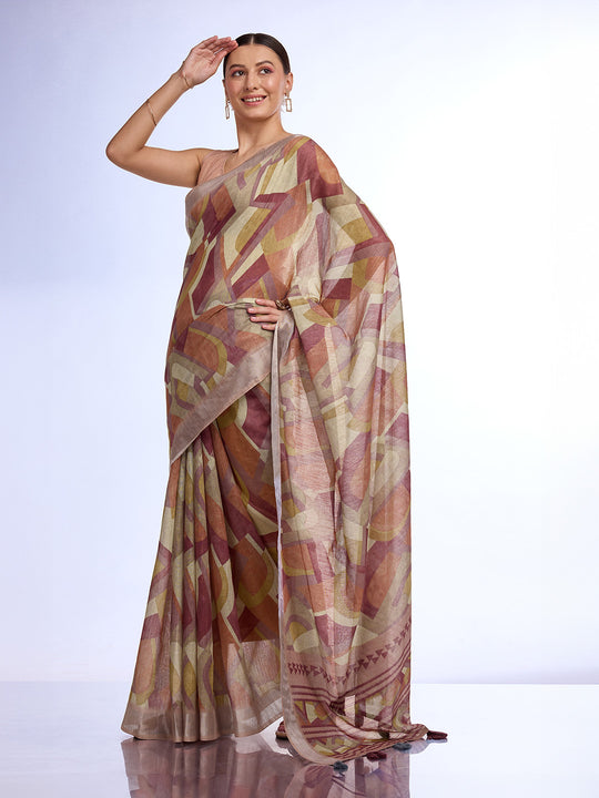 Brown Linen Blend Saree With Blouse Piece