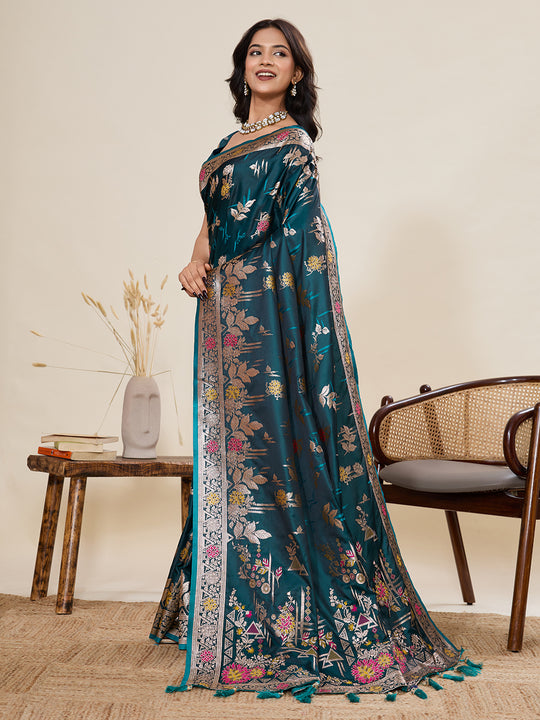 Teal Green Soft Silk Sarees Premium Two Tone Satin Fabric With Unique Pathani Type Designs Saree With Blouse Piece