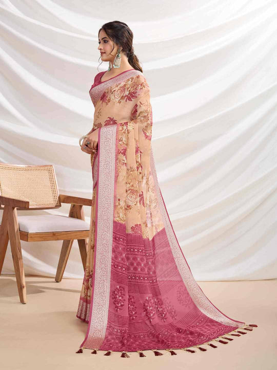 Peach Silk Chiffon Viscose Border Floral Printed Saree Saree With Blouse Piece