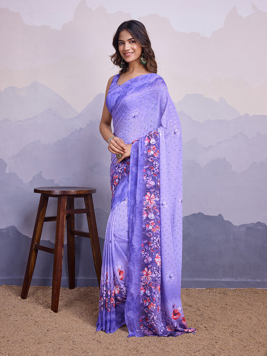 Purple Poly Chiffon Saree With Blouse Piece