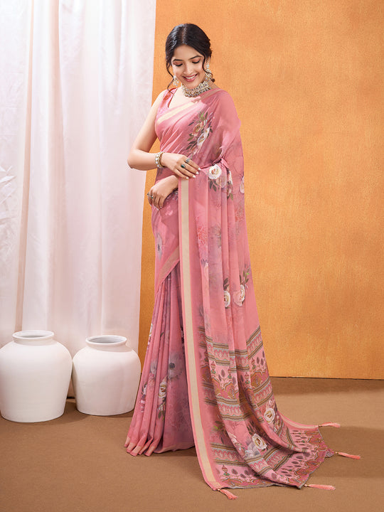 Pink Poly Crepe Party Wear Saree With Blouse Piece