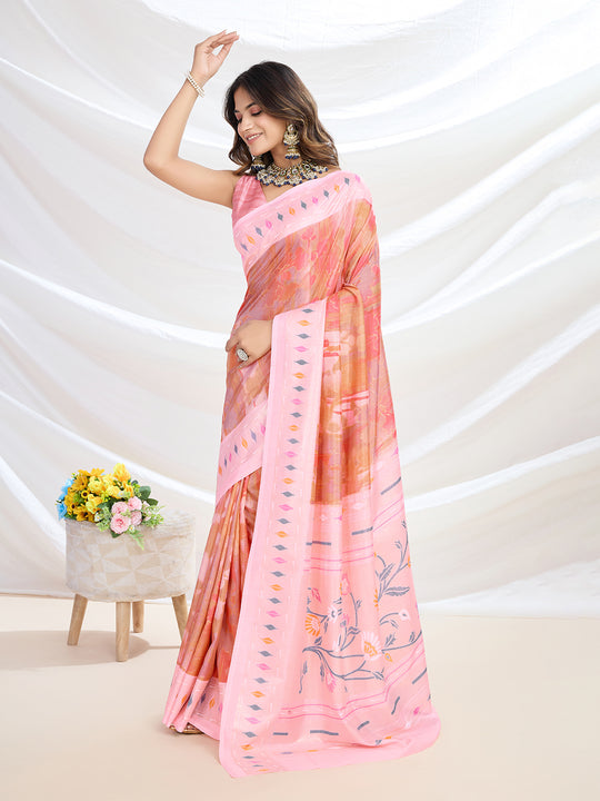 Coral Handloom Silk Festive Wear Saree With Blouse Piece