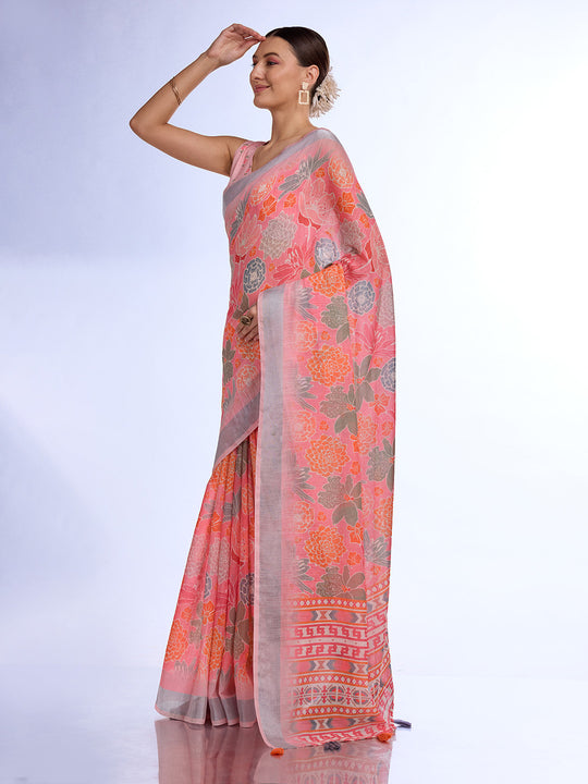 Peach Linen Blend Saree With Blouse Piece