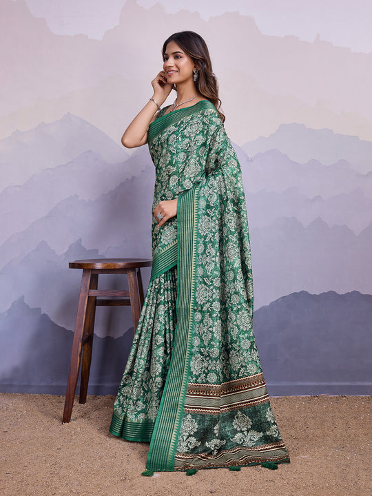 Teal Poly Silk Festival Saree With Blouse Piece