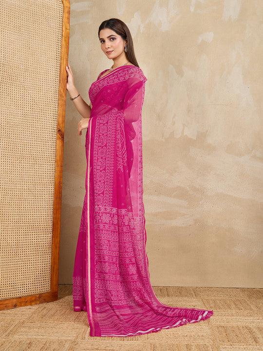 Pure Chiffon Bandhani Printed Saree With Viscose Woven Border And Blouse Piece