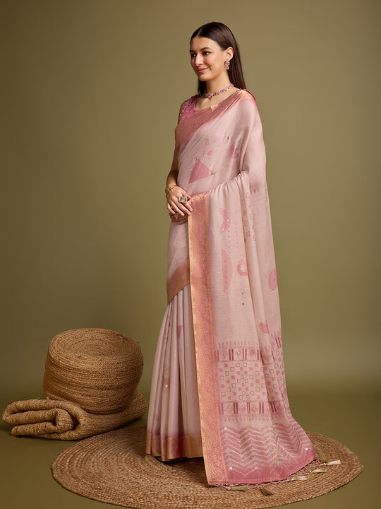Pink Silk Blend Saree With Blouse Piece