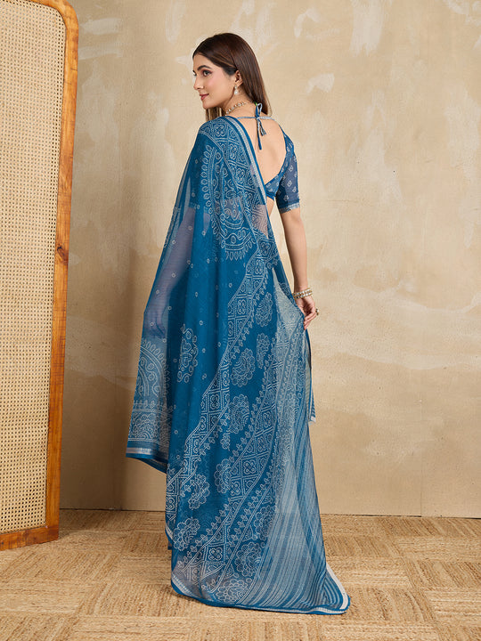 Pure Chiffon Bandhani Printed Saree With Viscose Woven Border And Blouse Piece
