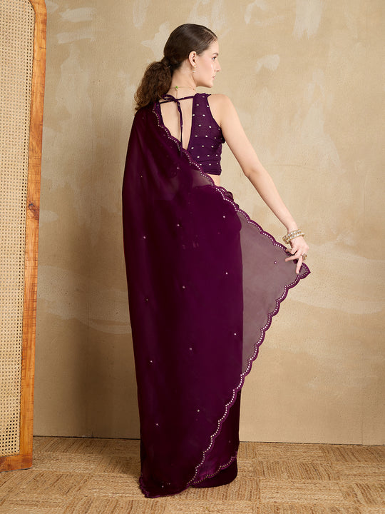 Embellished Mirror Work Organza Saree With Blouse Piece