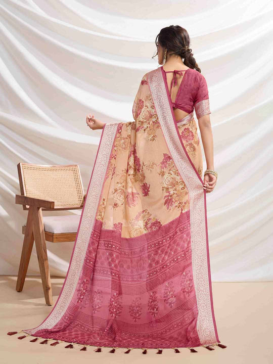 Peach Silk Chiffon Viscose Border Floral Printed Saree Saree With Blouse Piece