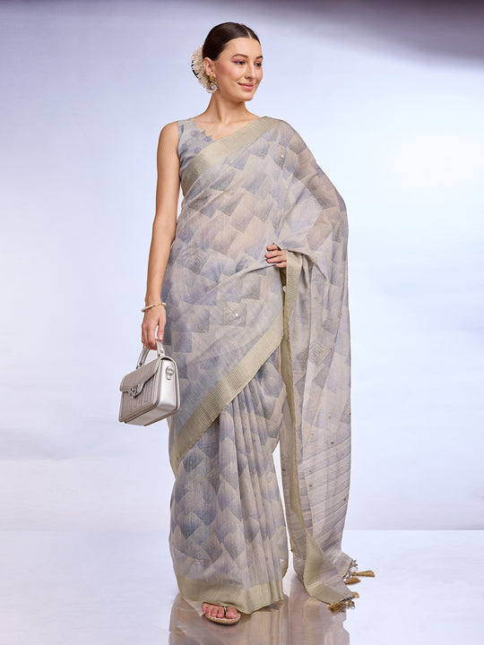 Grey Tissue Linen Blend Saree With Blouse Piece
