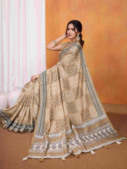 Beige Pure Tussar Silk Ajrakh Block Printed With Blouse Piece