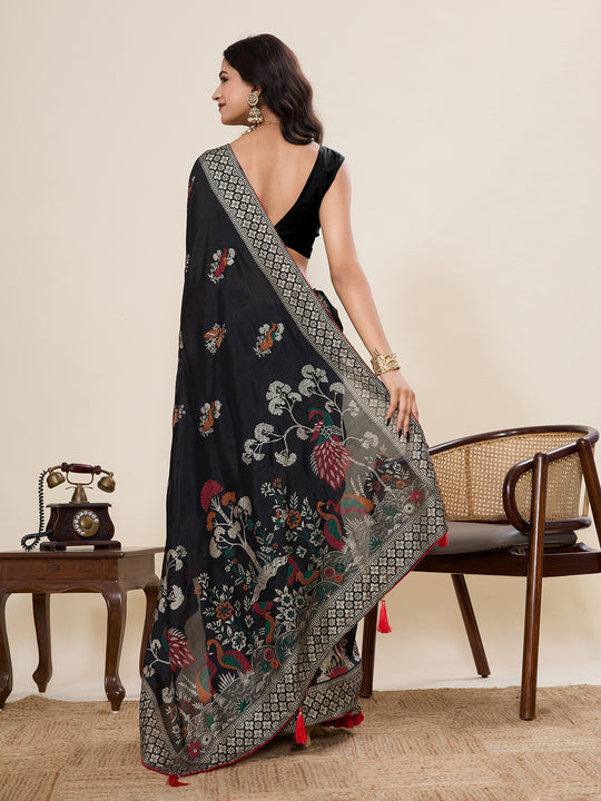 Black Cotton Saree With All Over Light Single Colour With Table Printed And Border Piping Saree With Blouse Piece