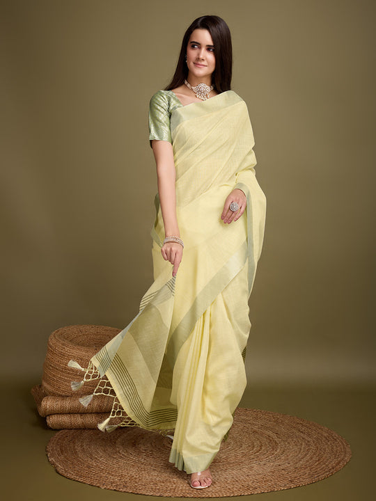 Yellow Linen Blend Daily Wear Saree With Blouse Piece