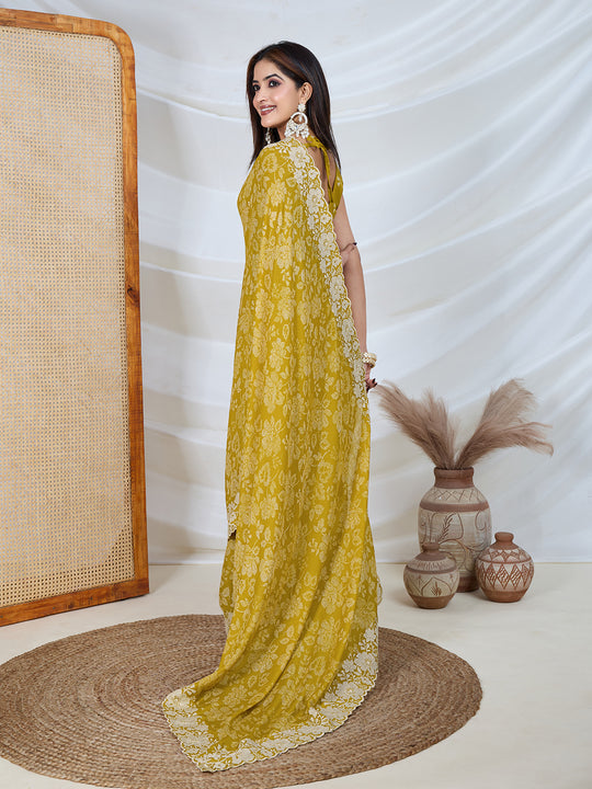 Poly Georgette Geometric Print Saree With Embroidery And Scaloping Work With Unstitched Blouse Piece