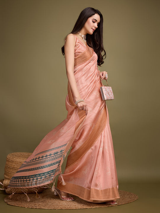 Orange Silk Blend Saree With Blouse Piece