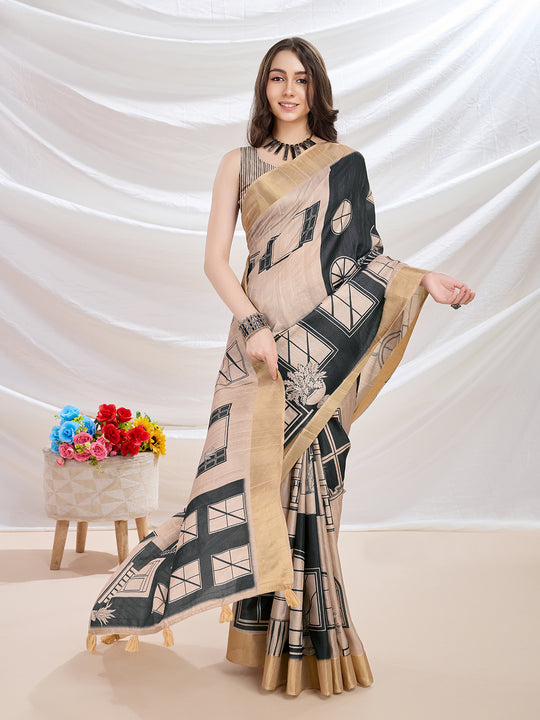 Beige Silk Blend Casual Wear Saree With Blouse Piece