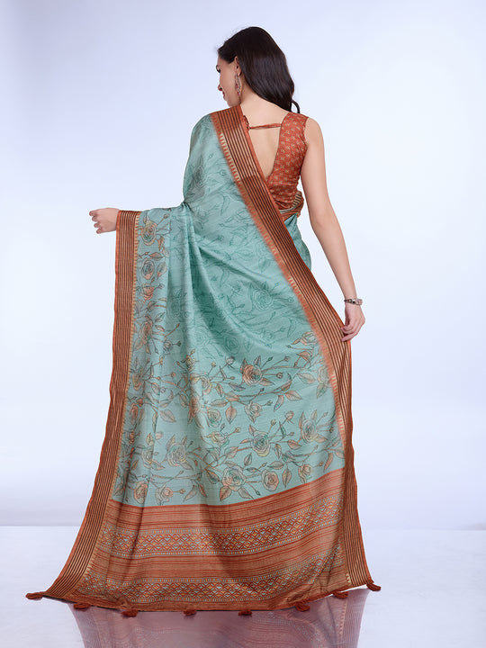Teal Poly Silk Daily Wear Saree With Blouse Piece