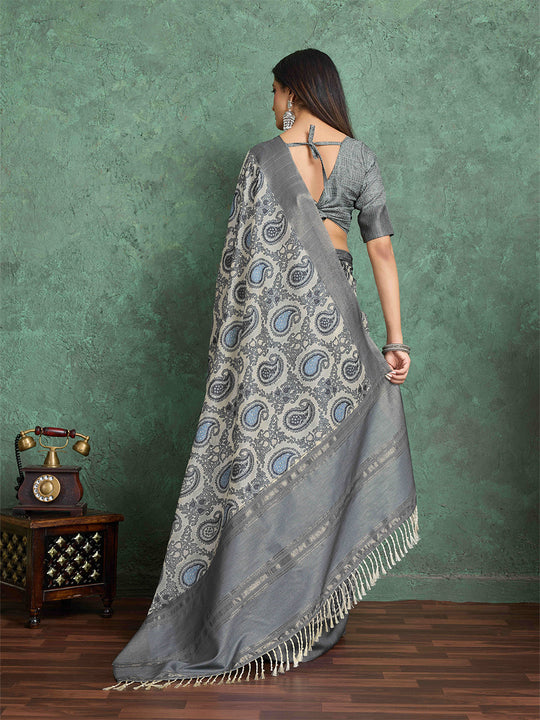 Offwhite Pure Handloom Tussar Woven Pallu Ajrakh Printed With Blouse Piece