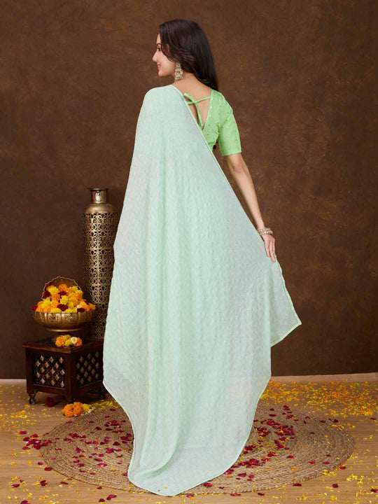 Mintgreen Crepe Georgette Gold Foil Embellished Printed Saree With Blouse Piece